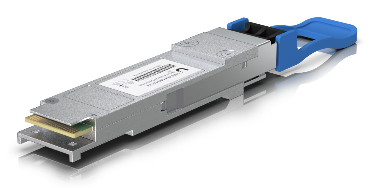 Ubiquiti UACC-OM-QSFP28-LR4 silver QSFP28 transceiver with blue latch