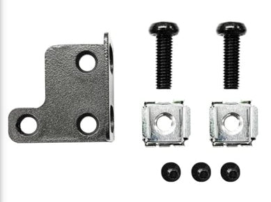 Black metal l-shaped bracket with two screws and four matching fasteners from openggear 590003 acm7000 rack mount kit