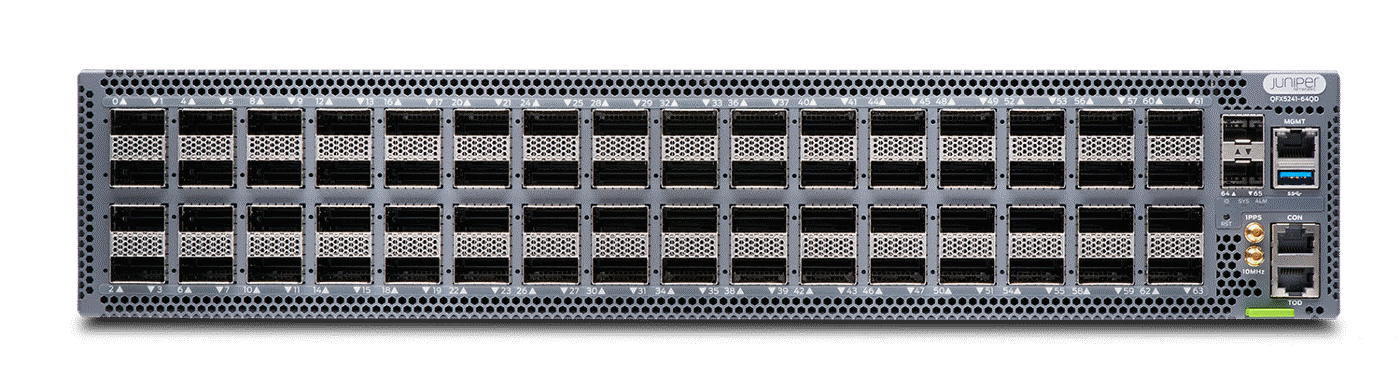 Back of gray metal juniper qfx5241 64x800gbe qsfp-dd data centre switch with multiple ports and ventilation holes
