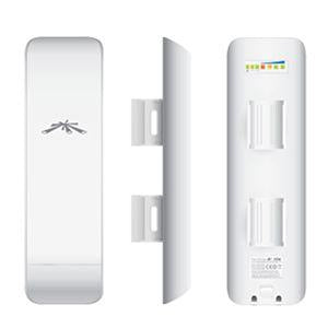 Ubiquiti NanoStation M5 white rectangular wireless AP rear view