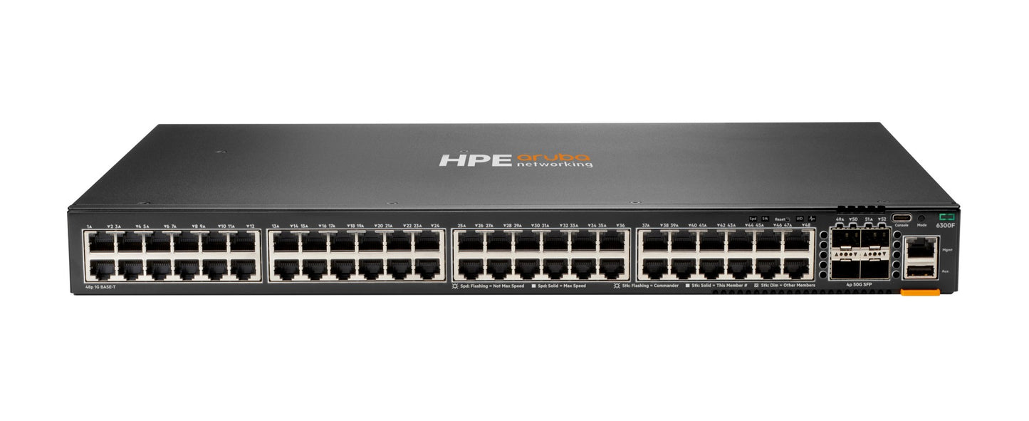 Aruba JL667A CX 6300F 48-port managed L3 switch with ethernet ports and lights