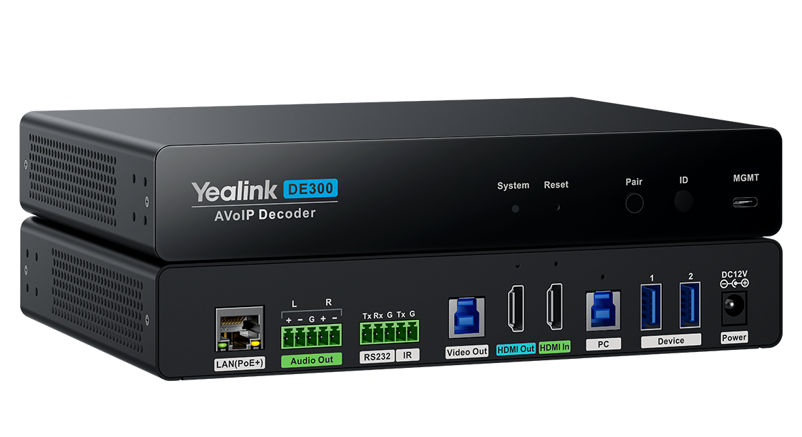 Yealink DE300 AVoIP decoder rear view with ports and lights