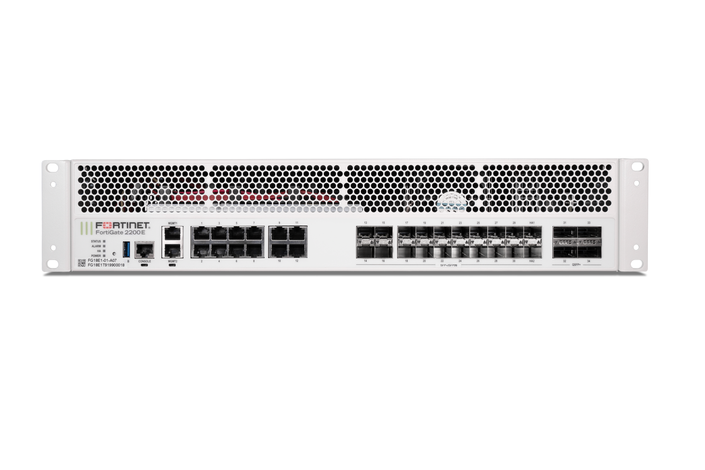 White Fortinet FG-2200E switch with honeycomb grille and Ethernet ports
