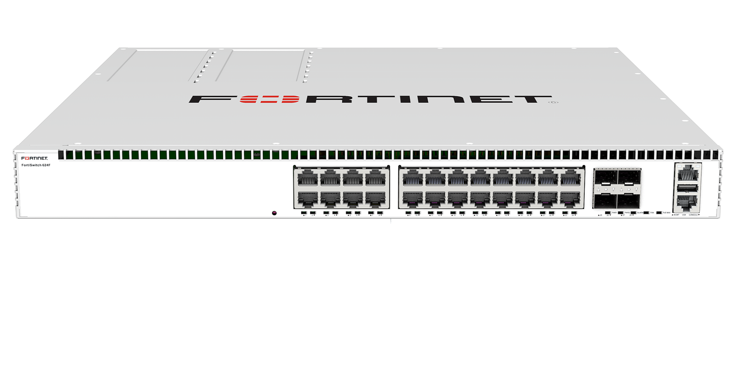 Fortinet FortiSwitch-624F 24x5G RJ45 ports switch with green LEDs