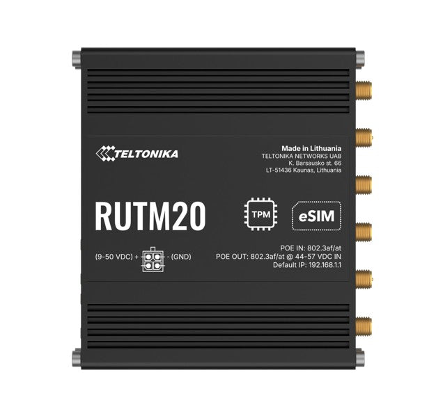 Black teltonika rutm20 compact 5g router back side with gold ethernet ports ventilation slits dual sim esim active poe global