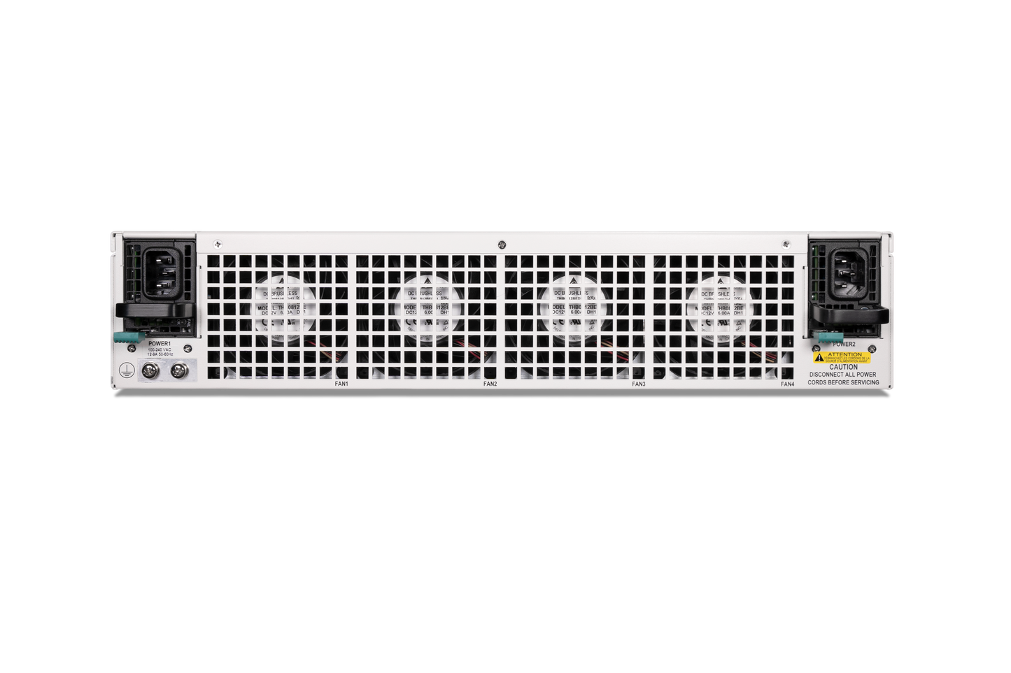 Fortinet FG-3300E back view with white metal server rack and four circular fans