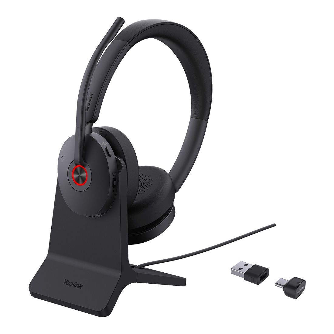 Yealink BH74-CH Teams USB-C wireless headset in black with red accent, charging stand