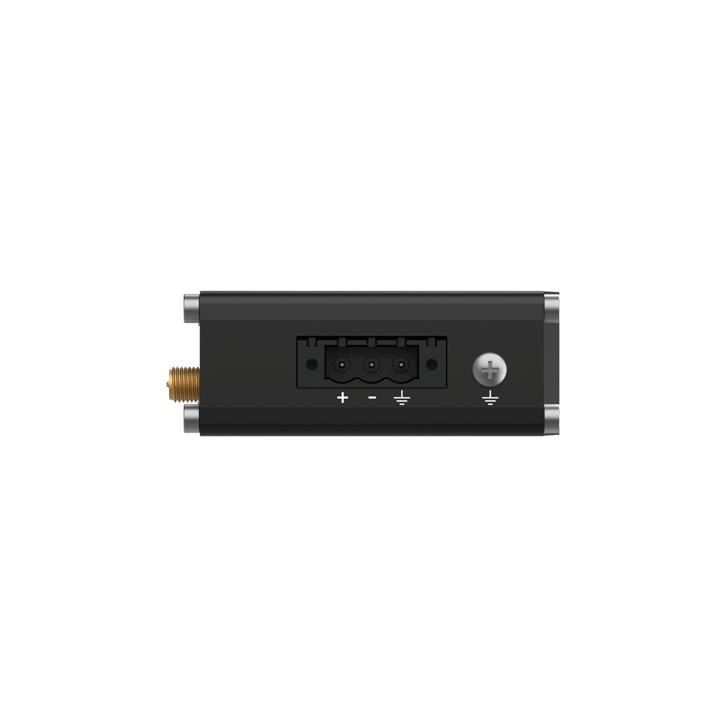 Teltonika RUT145 industrial router back view with gold connector and plus button