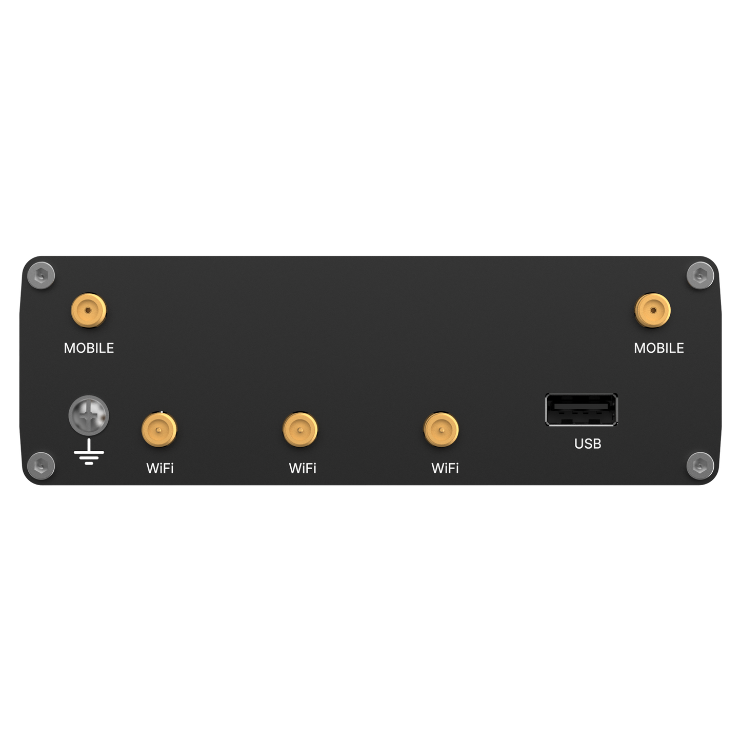 Black rectangular teltonika rutc4100aa00 4g edge router back with gold mobile wifi and usb connectors