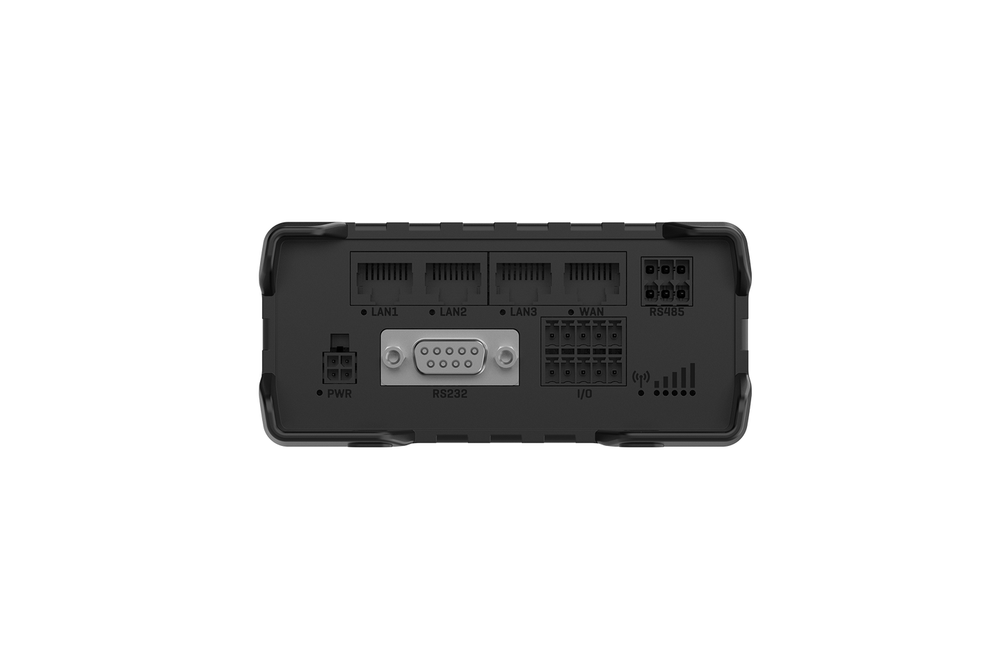 Black teltonika rut986 industrial global lte cat 4 router back side with multiple ethernet ports dual sim and esim