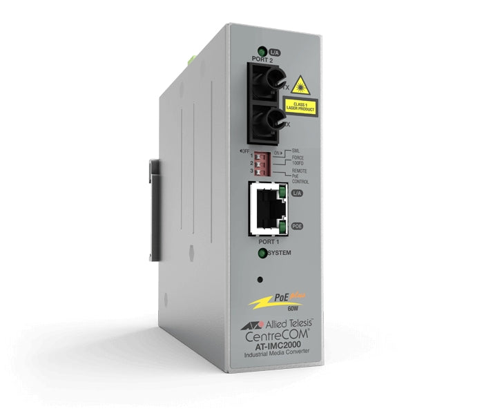 Gray metallic allied telesis imc2000 poe plus industrial media converter with black fiber ports ethernet port and yellow laser label