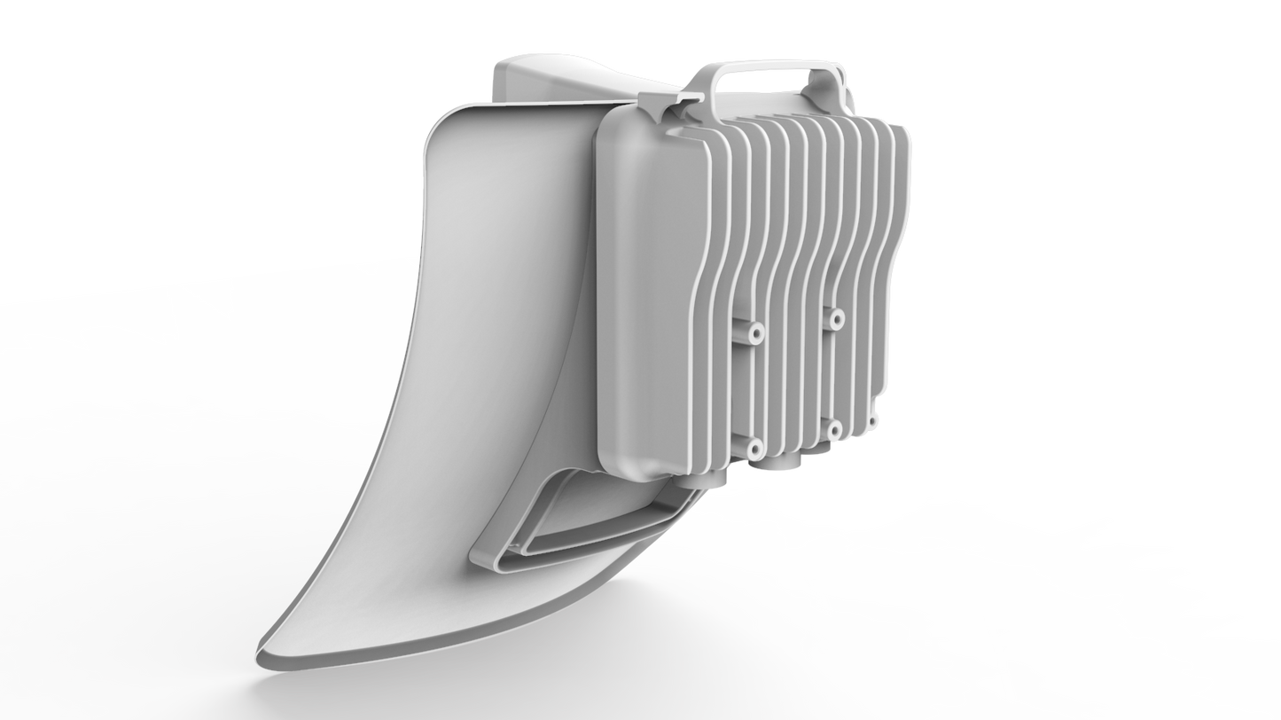 White plastic motorcycle radiator with vertical fins and brackets