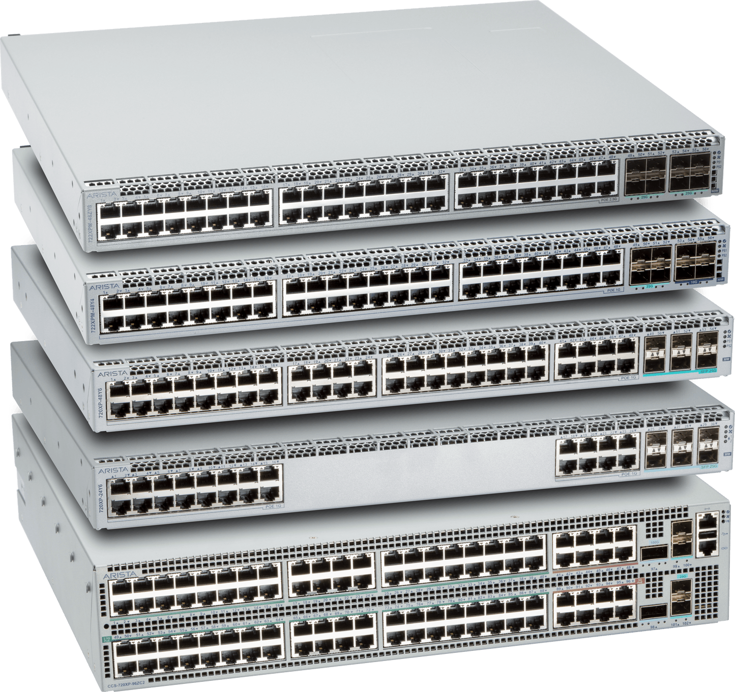 Stack of Arista 720XP-24Y6-2F switches with 24x 1G PoE and 6x 25G SFP ports