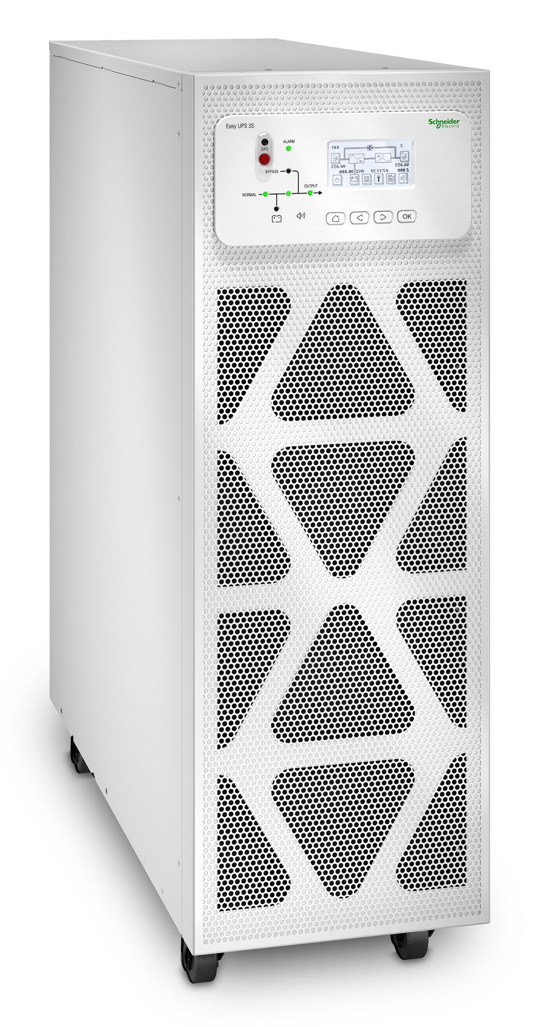 White schneider electric ups tower with geometrically patterned perforated front panel and control interface