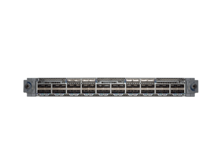 Gray metal arista dcs-7800r3-48cqm2-lc server rack back with multiple ports and ventilation slots for high-speed networking