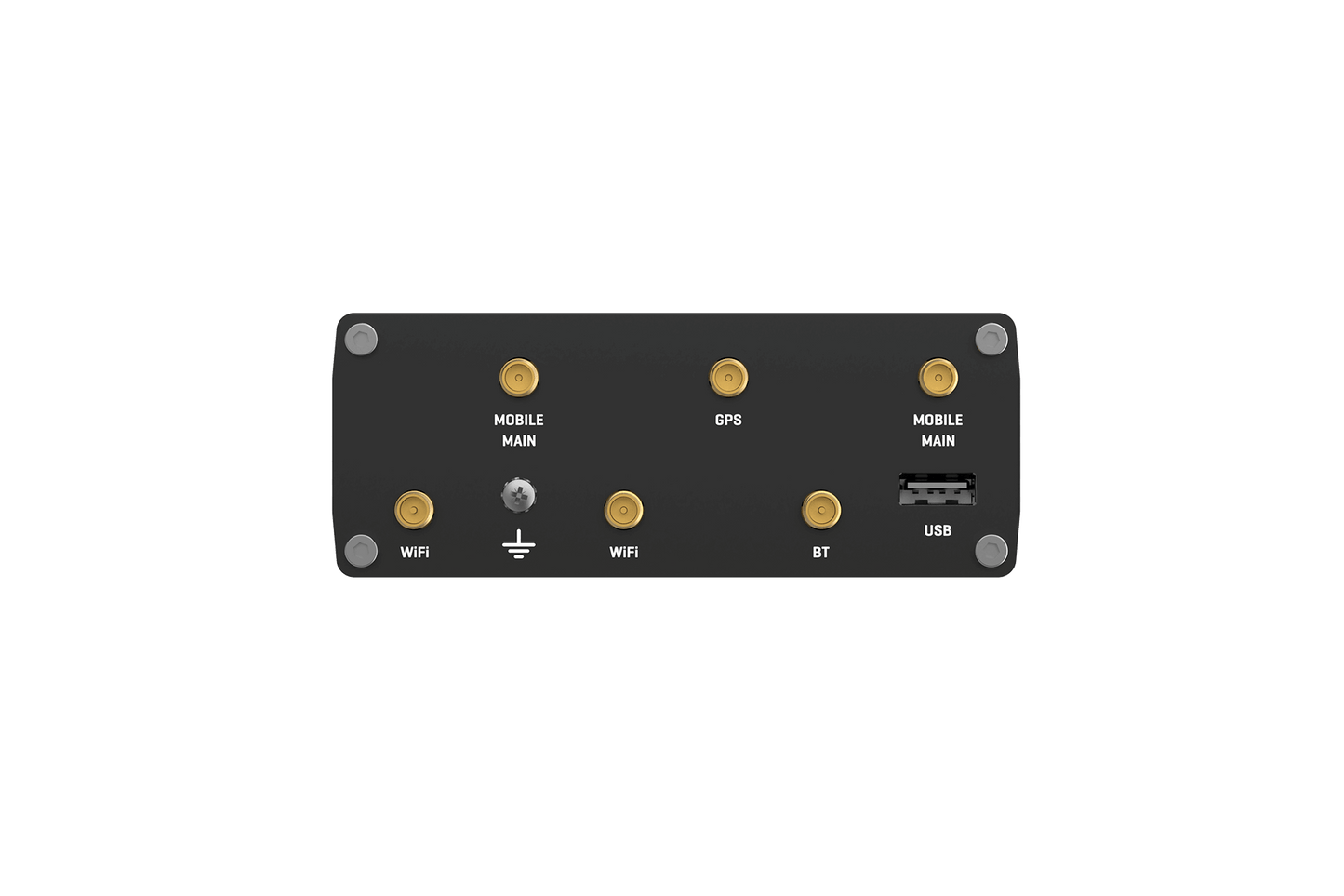 Teltonika RUTX11 LTE Cat 6 router back with labeled ports: mobile main, GPS, WiFi, BT, power, USB