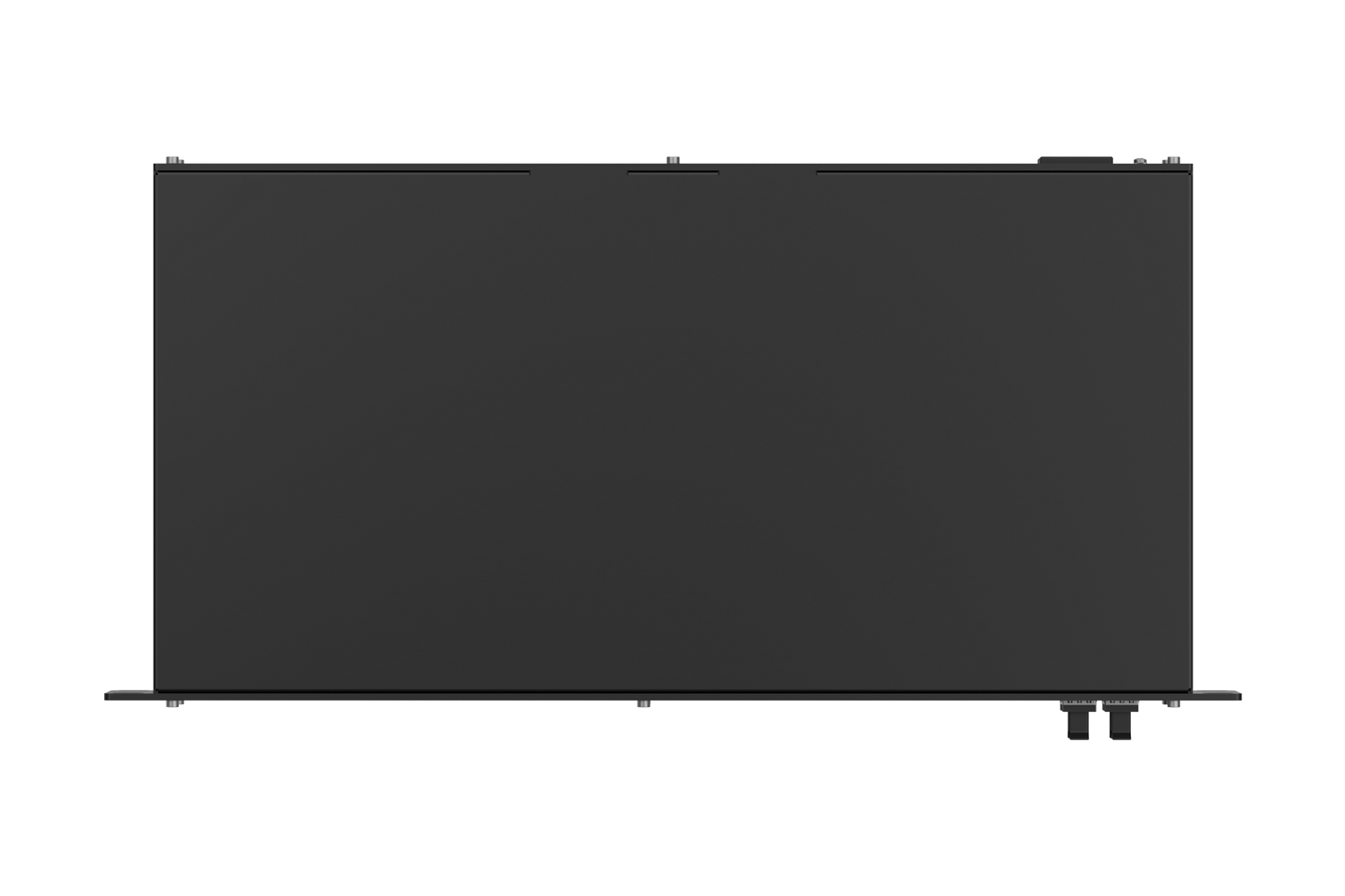 Black laptop with sleek minimalist design and thin bezels shown alongside teltonika swm281000000 24-port gigabit managed switch