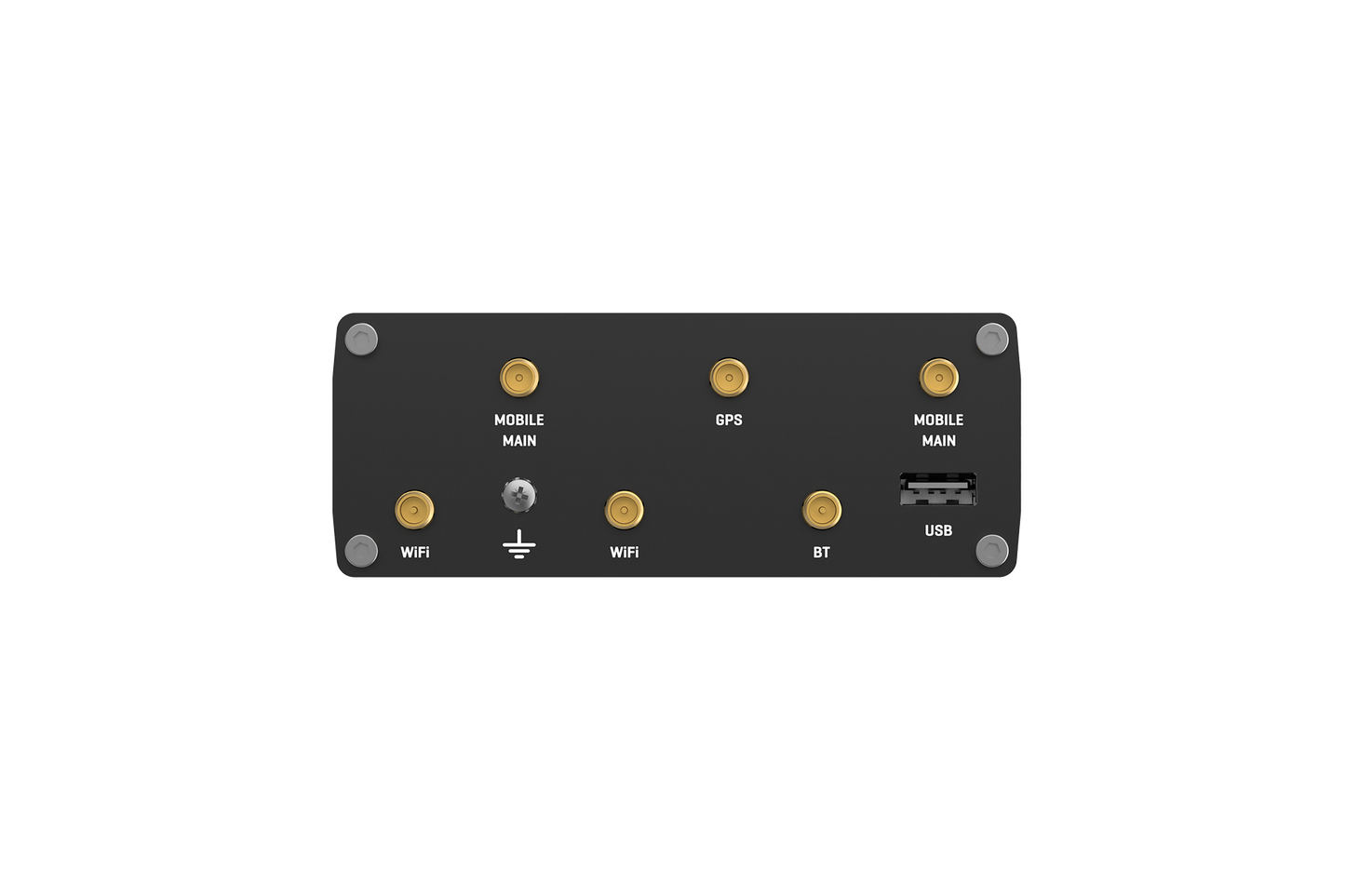 Teltonika RUTX11 LTE Cat 6 router back with labeled ports: mobile main, GPS, WiFi, BT, power, USB
