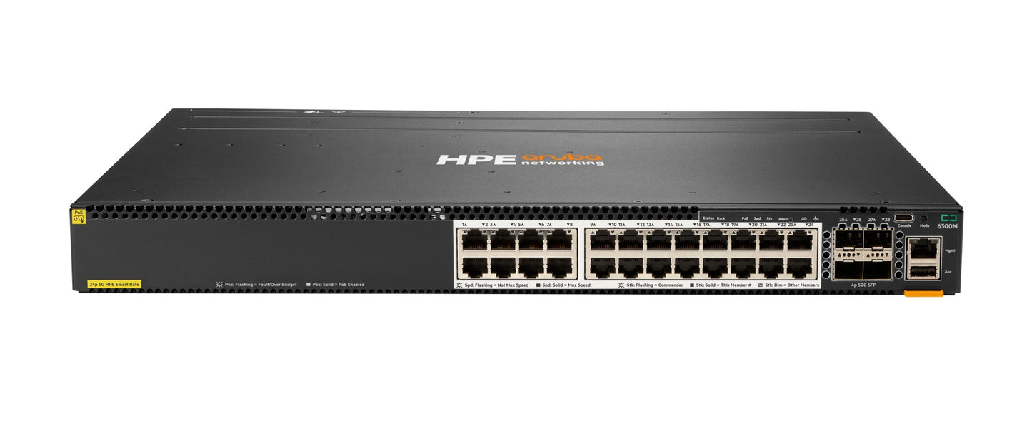 Aruba JL660A 6300M 24-port multi-gig PoE switch with Ethernet ports and LEDs