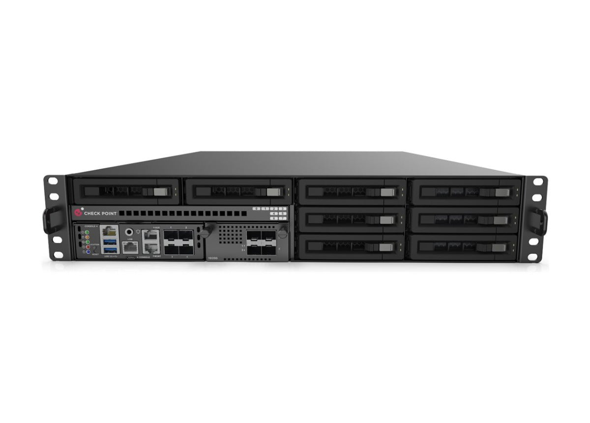 Black check point cpap-ngsm7000l-base network security appliance with multiple drive bays and rear panel of ports