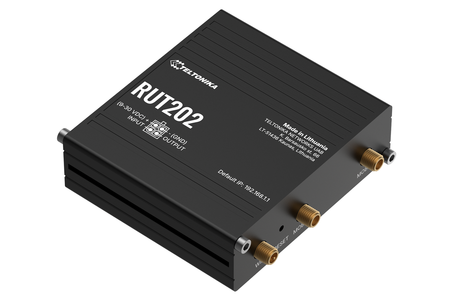 Black teltonika rut202 compact industrial lte router with gold coaxial connectors and silver screws back view