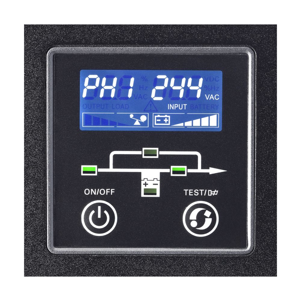 Eaton 9e10kixl online ups digital power meter display with blue backlight showing voltage current readings