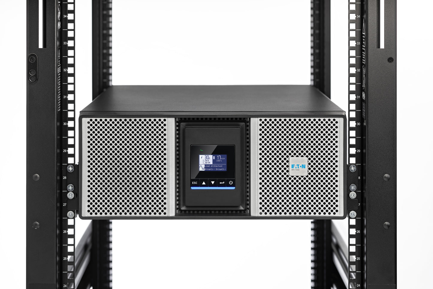 Eaton 9PX11KIRTG2 11kVA UPS front view black silver perforated panels display