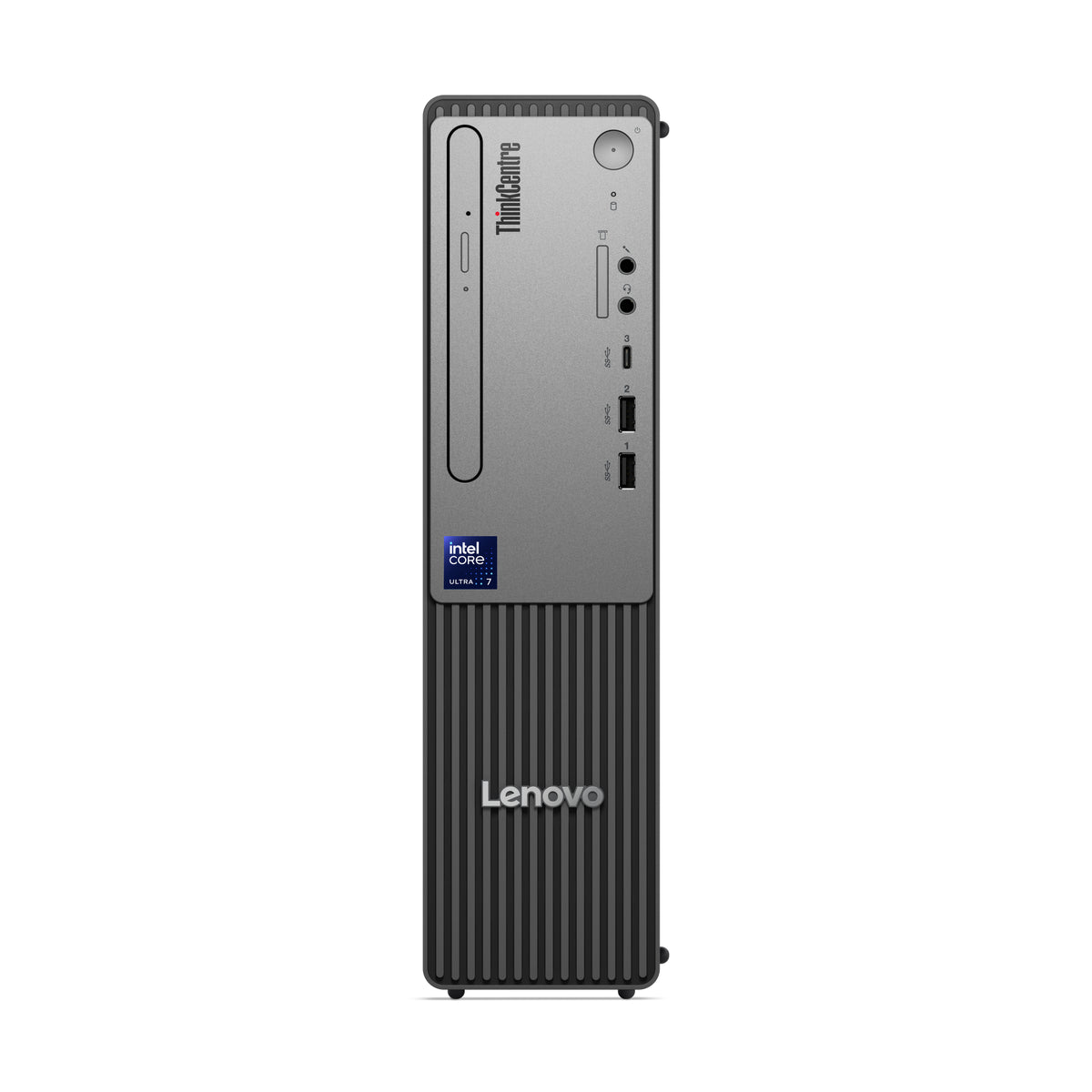 Lenovo thinkcentre neo 50s gen 6 sff desktop in silver and black with vertical ribbed design and core ultra 7 265 processor