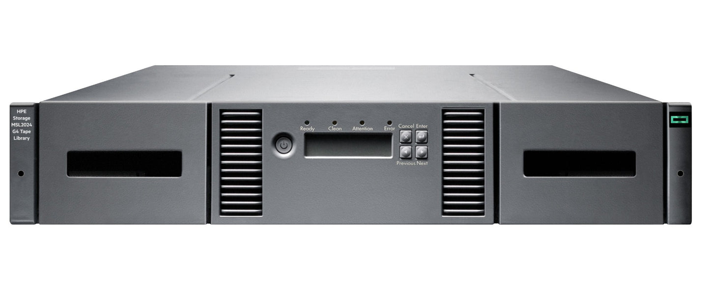 Gray metal hpe ak379b msl2024 gen4 24-slot lto tape library with two drive bays control panel and ventilation grilles