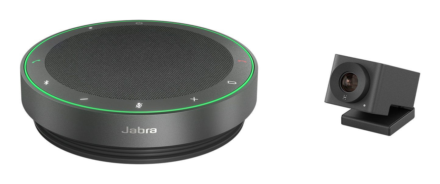 Black jabra speak2 75 uc speakerphone with green illuminated ring and control buttons for small meeting rooms
