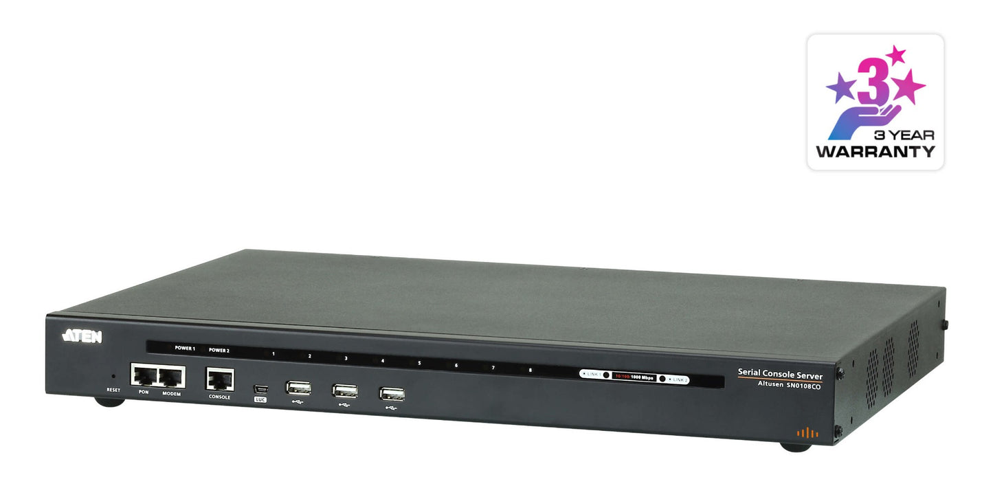 ATEN SN0108CO-AXA-U | SN0108CO Serial Console Server, 8 x Serial Ports, Dual AC, RJ-45/Mini-USB