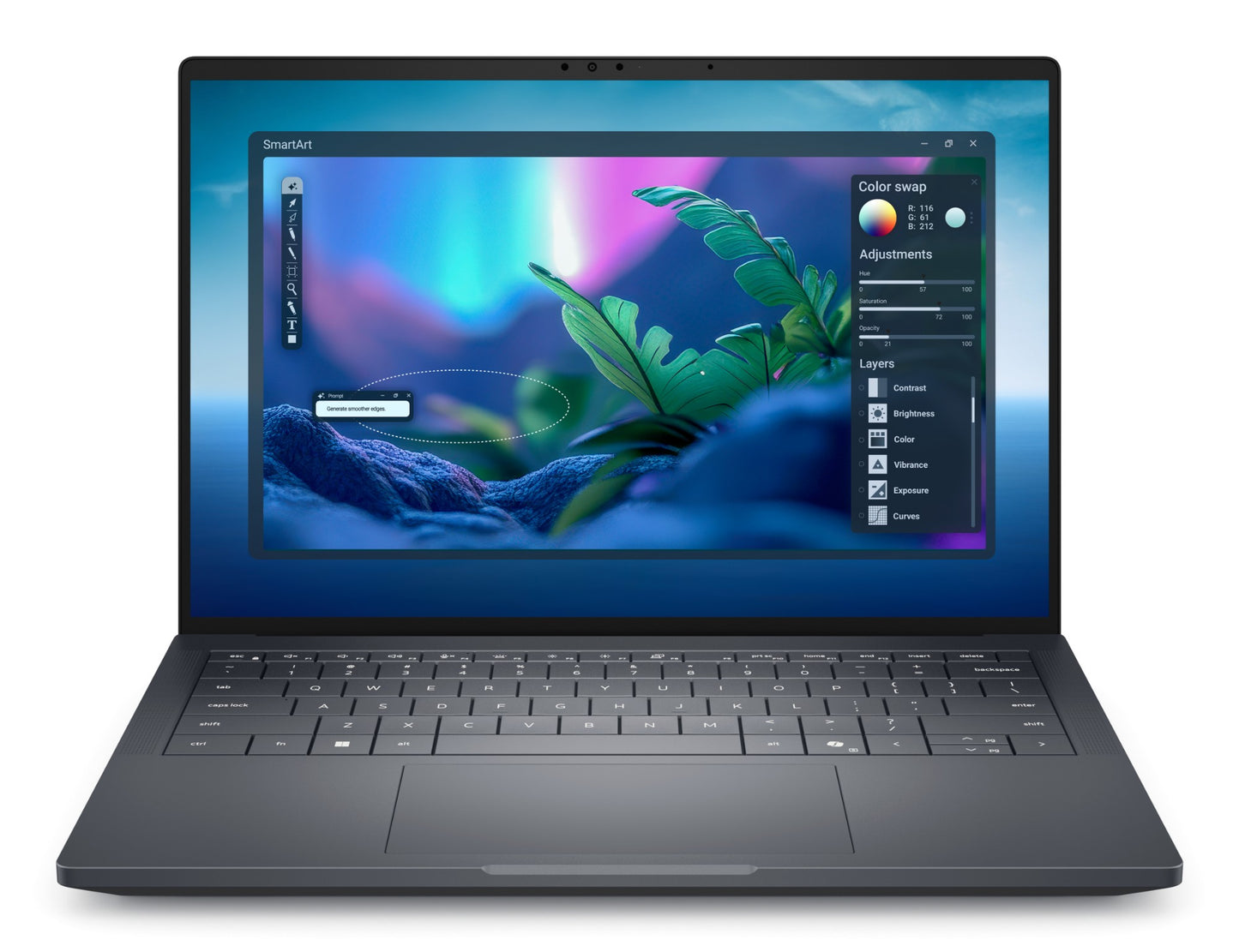 Dark gray Dell Pro Max 14 MA14250 laptop with vibrant digital art screen