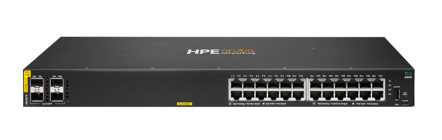 Black hpe aruba cx 6000 24-port poe+ switch with multiple ethernet ports and 4 x 1gbe sfp uplinks in sleek design