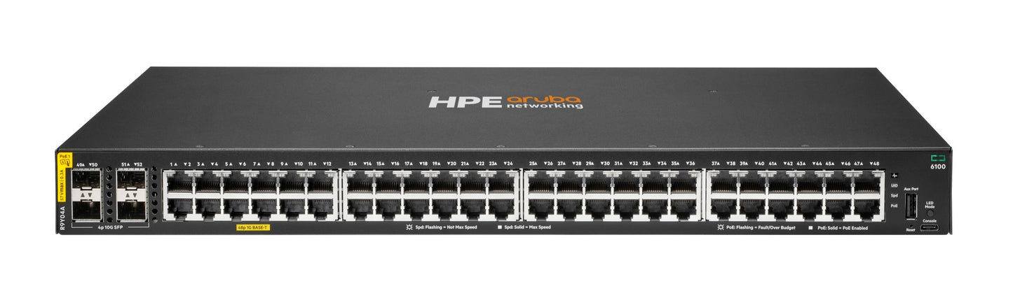 Aruba R9Y04A | CX 6100 Series 48 x 1GbE Class4 PoE Ports, 4xSFP+ Uplinks, 740W Switch