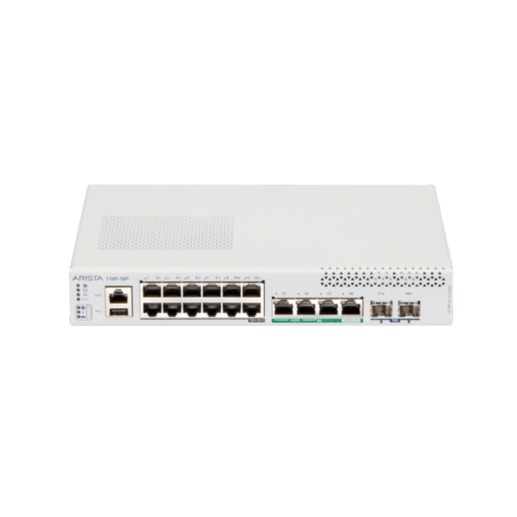 White arista ccs-710p-16p fanless 16-port poe+ network switch with 2x 10g sfp+ and ventilation grilles shown from back
