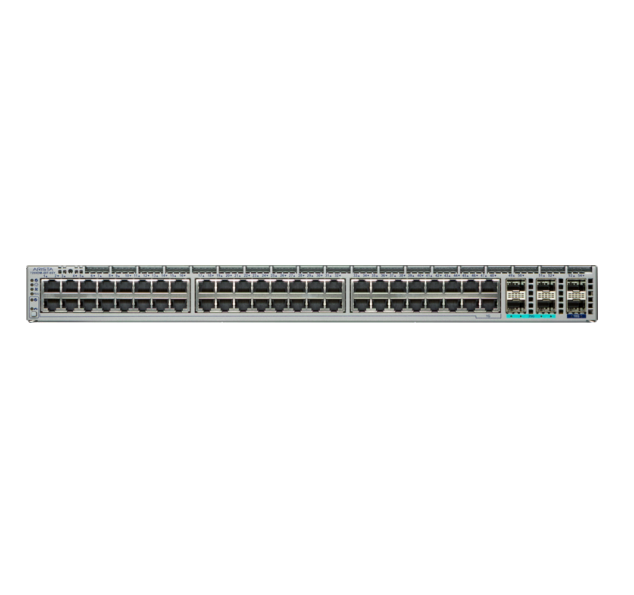 Gray metal arista ccs-720xdm-48t-6sy network switch with 48 gigabit ethernet ports and blue-lit section on the back