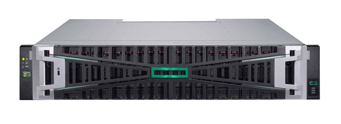 HPE MSA 2070 12Gb SAS SFF storage with silver black rack and green panel