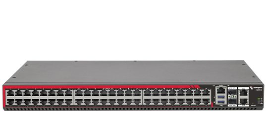 Black and red opengear cm8148-10g-lsp 48-port serial console manager with usb-c and sleek metallic finish