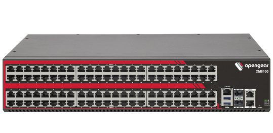 Black and red opengear cm5100 network switch with dense ethernet ports on front panel for console management use
