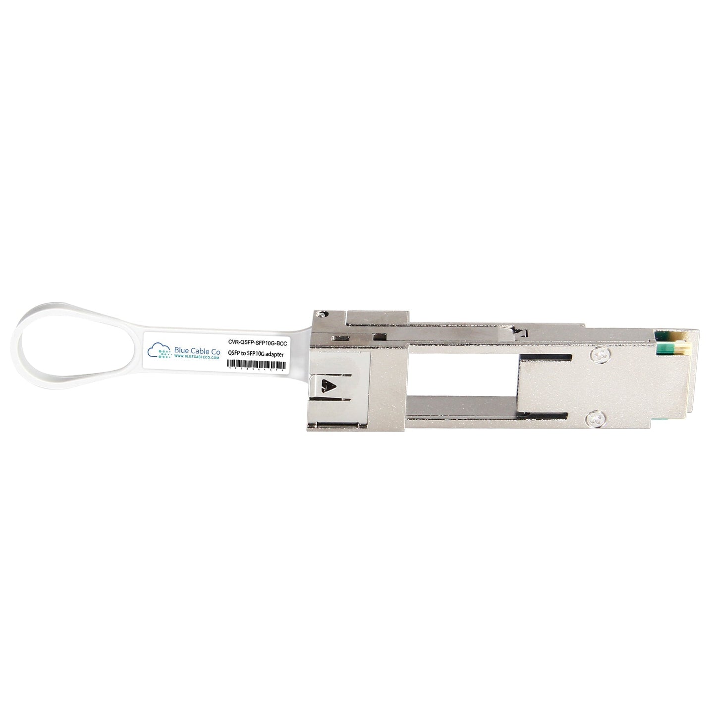 Silver metallic NVIDIA Mellanox compatible 40GB QSFP+ to SFP+ adapter with white loop handle and printed label