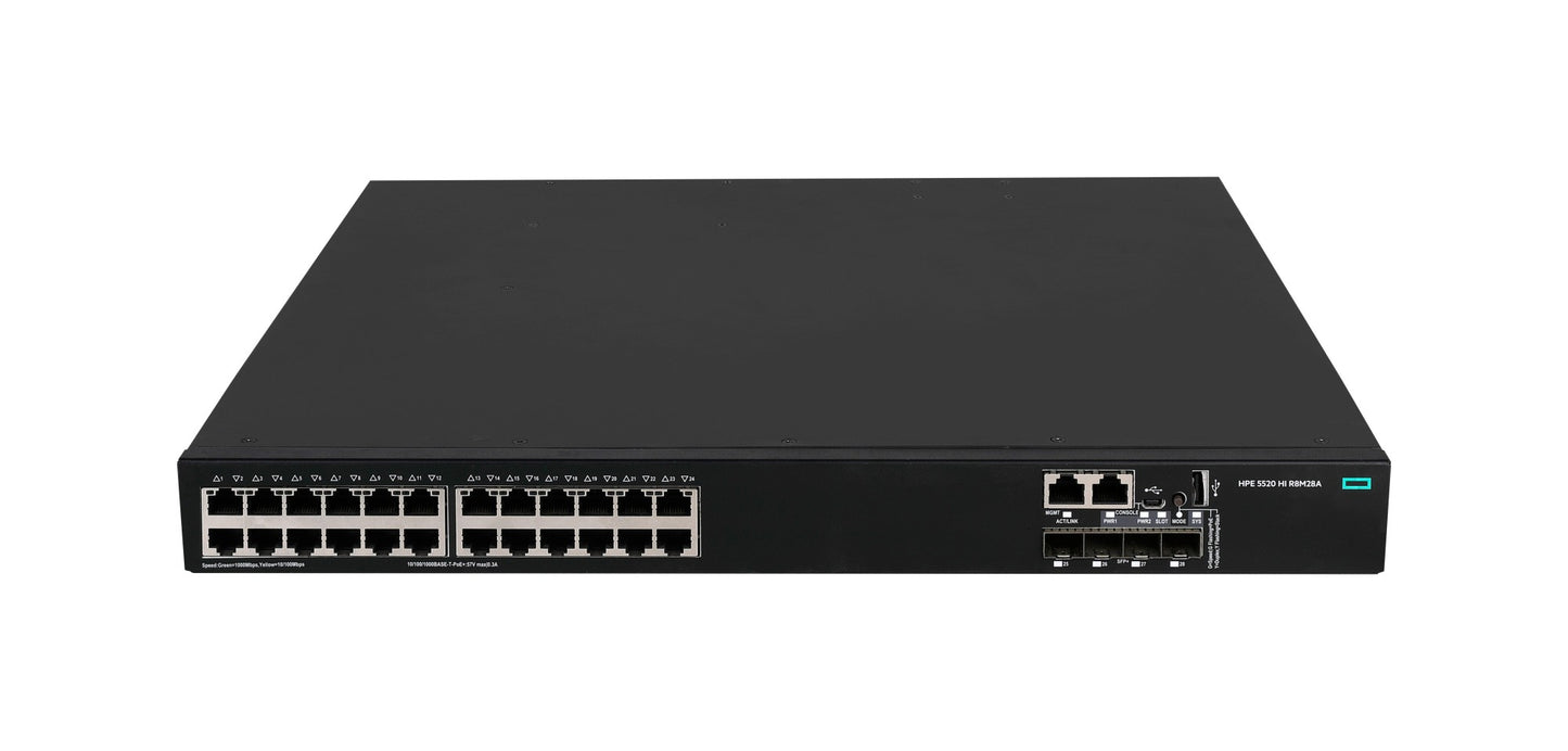 HPE R8M28A | 5520HI Series 24 x 1GbE Ports, 4 x 10G SFP+ Uplinks, 2 Fan Trays, 2 Power Supplies