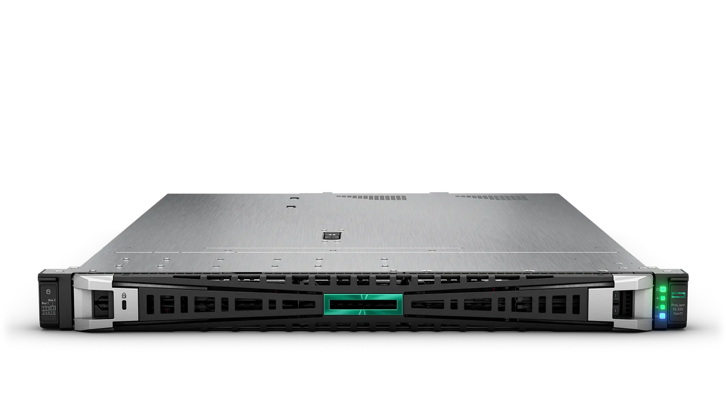 HPE ProLiant DL380 Gen10 server rack with green LEDs and black vents