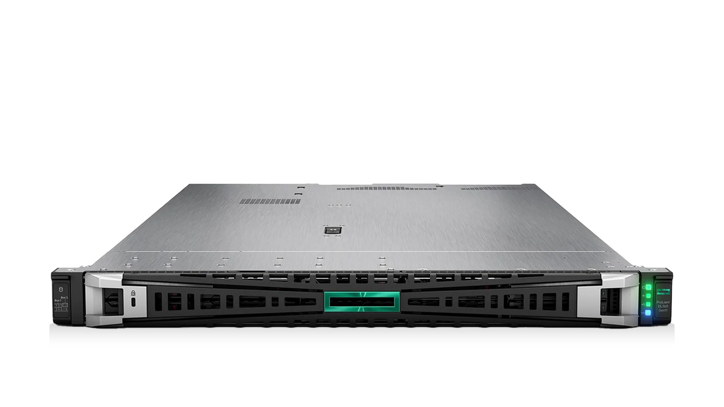 HPE ProLiant DL380 Gen10 server with sleek metallic finish and green LEDs, in DL360 Gen11 product
