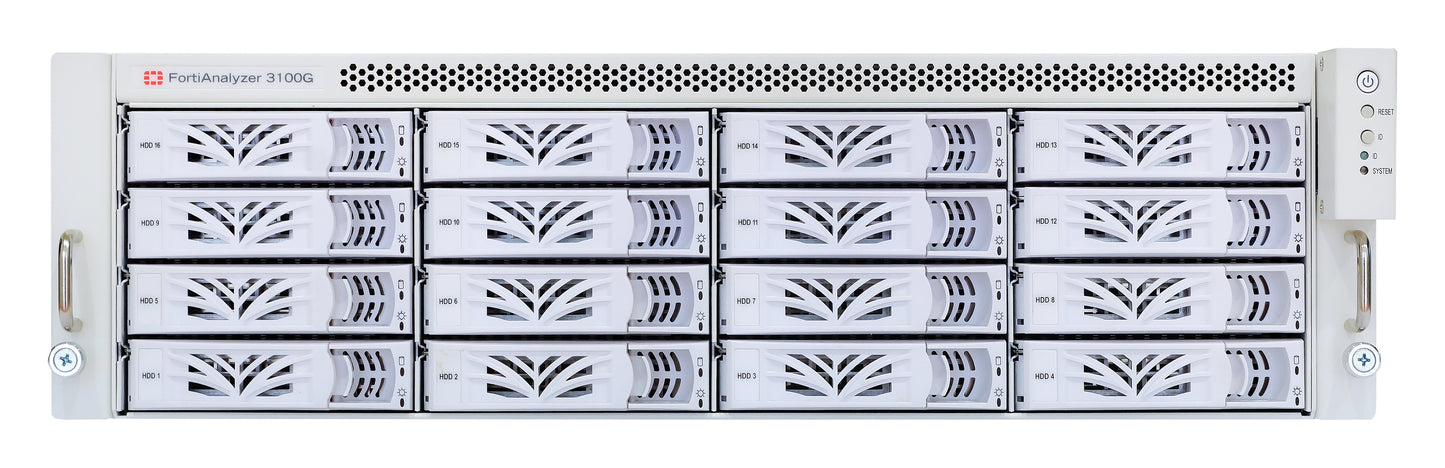 Fortinet FAZ-3100G FortiAnalyzer-3100G server rack with perforated front panel and 64TB drive bays