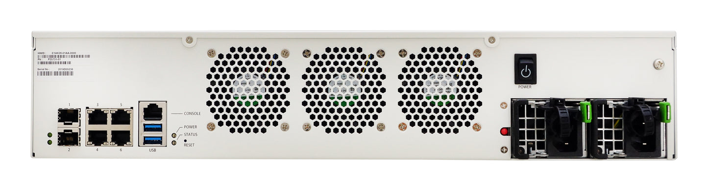 Fortinet FMG-400G rear with white rack, black grilles, USB ports, power