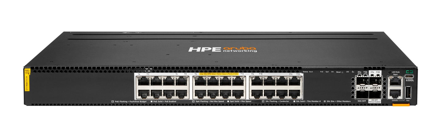 Aruba S3L75A | CX 6300L 24 x 1G/2.5G/5G/10G Smart Rate Ports, 2 x SFP56 50G, 2 x SFP28 25G, L2 Switch