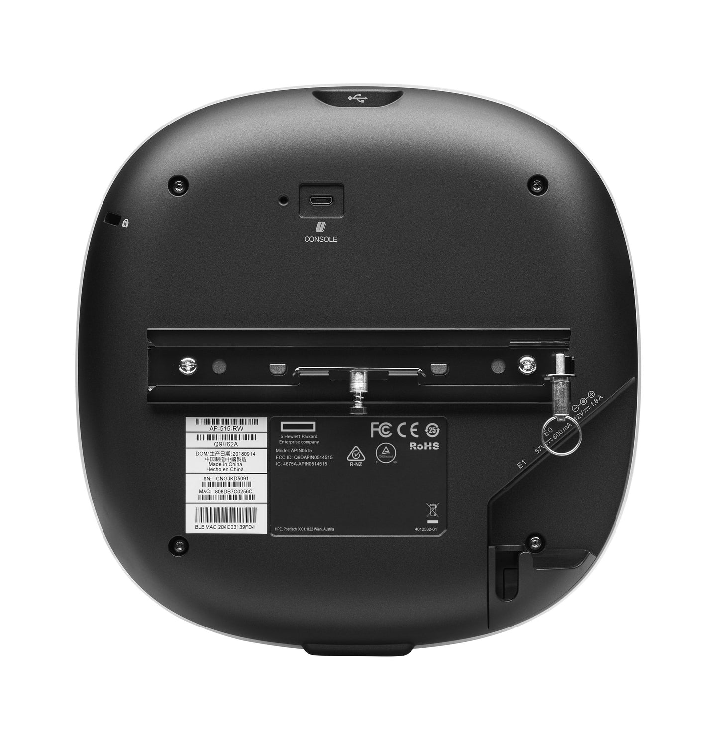 Back view of Aruba AP-515 Wi-Fi 6 access point with ports, matte black finish