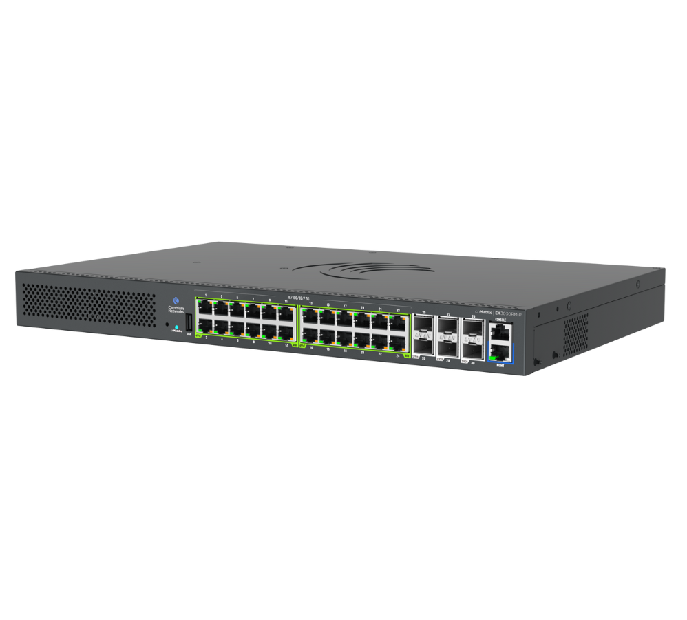 Dark gray metal cambium networks cnmatrix ex3030rm-p 24-port 2.5g poe+ switch with some green and one blue lit ethernet ports