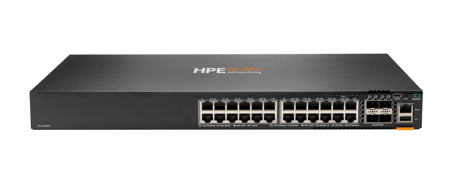Aruba JL668A CX 6300F 24-port 1GbE L3 switch with ports and lights
