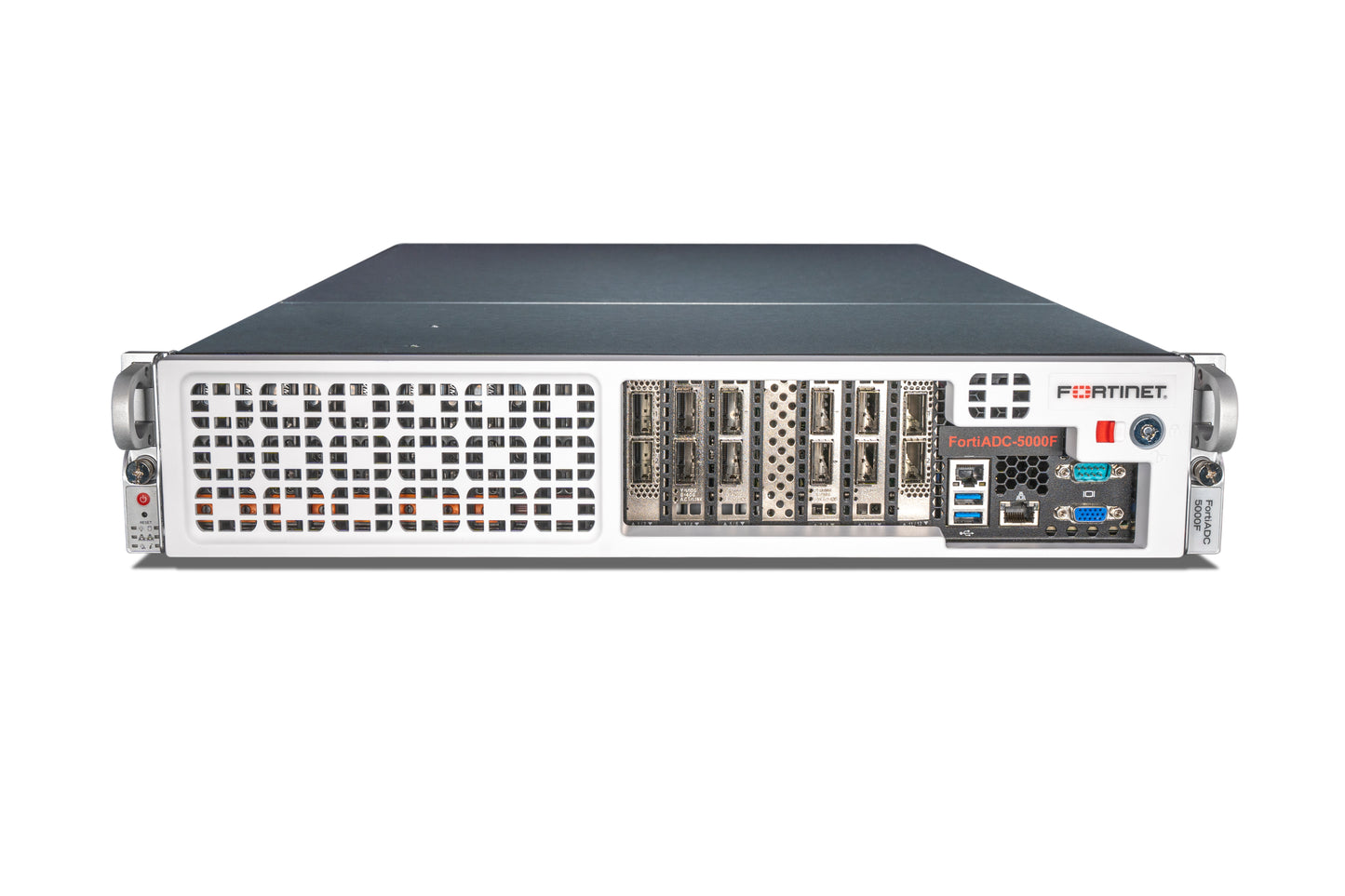 Fortinet FortiADC-5000F ADC with 4x 100GbE QSFP28 ports, white gray rack-mount